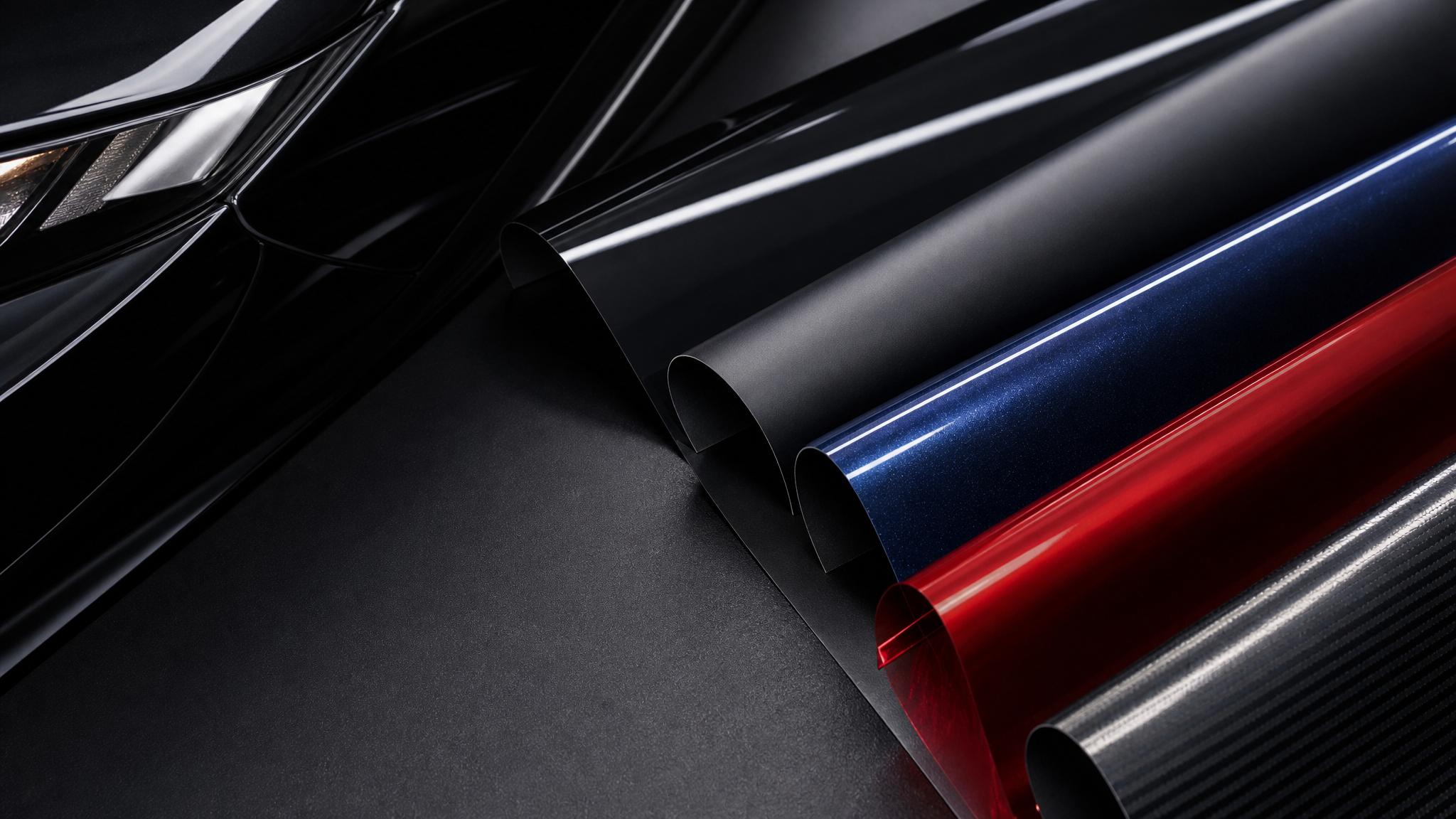 Close-up premium automotive wrap film material finishes