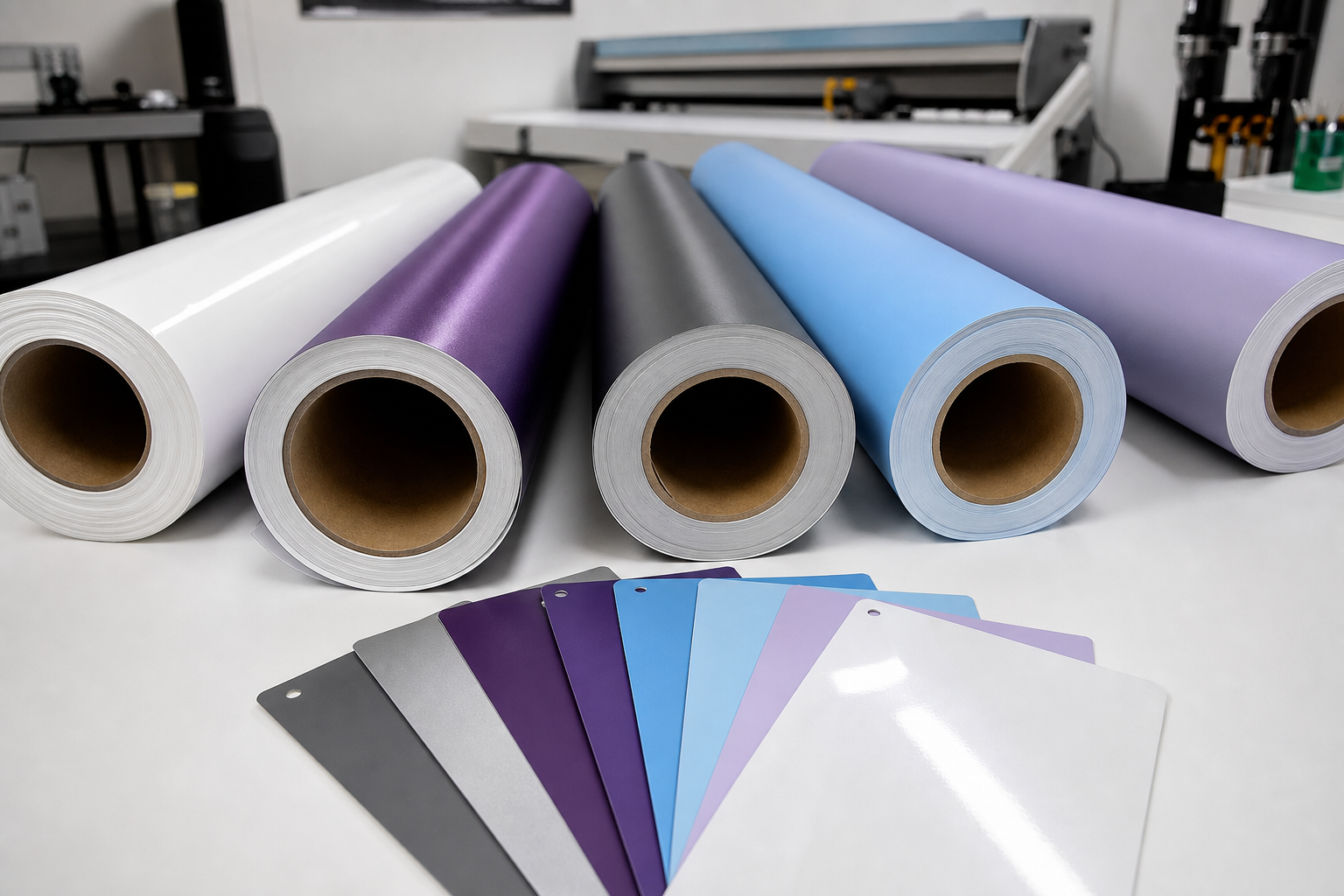 PET vinyl wrap vs PVC for cars - premium PET vinyl wrap rolls on a white workshop table