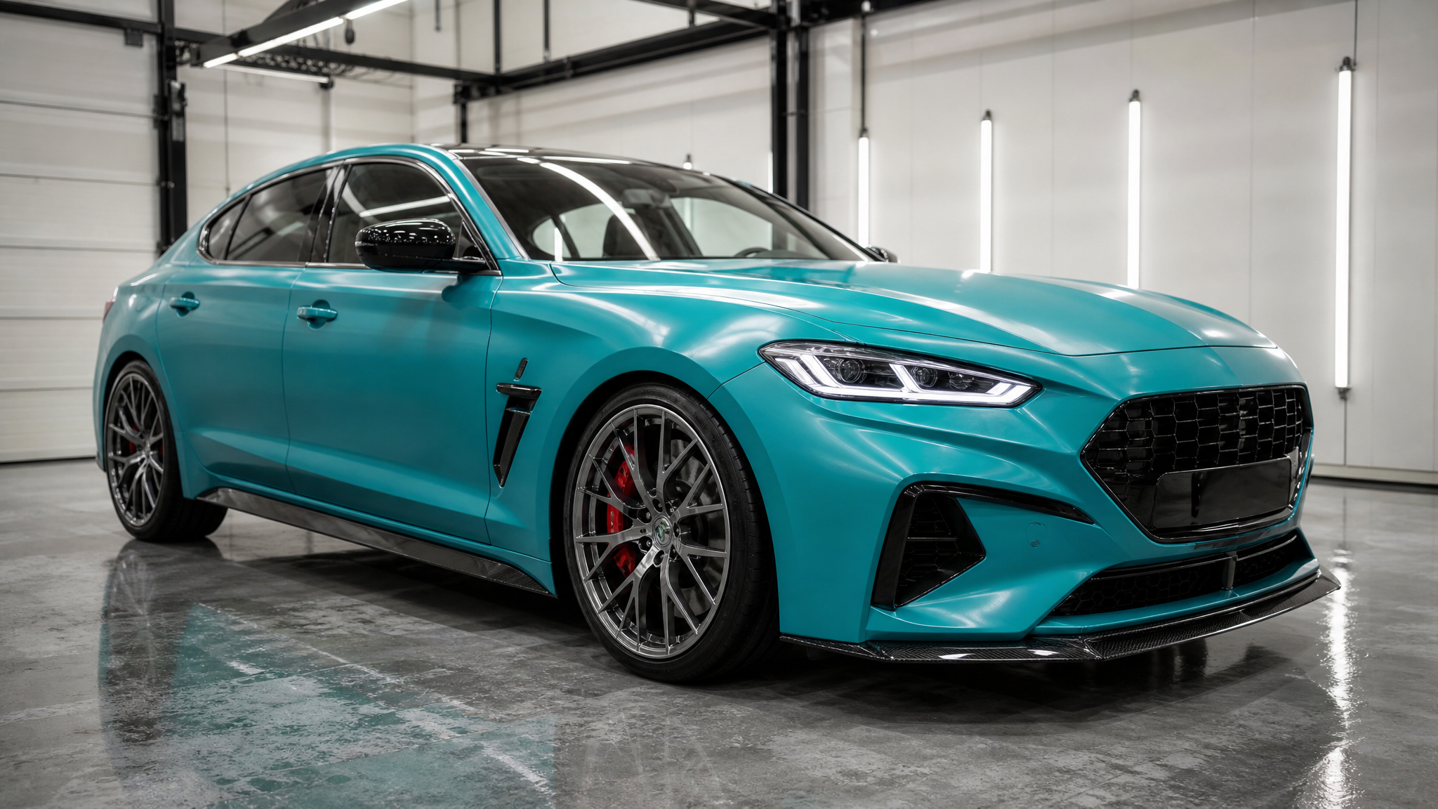 Full car teal colored PPF hero shot in a bright professional detailing bay