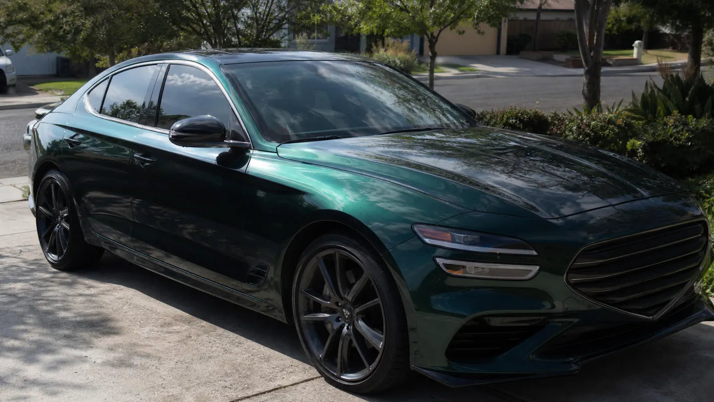Colored PPF and clear PPF daily driver car in real driveway light