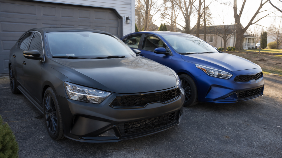 Matte and satin wrapped daily driver cars in natural daylight