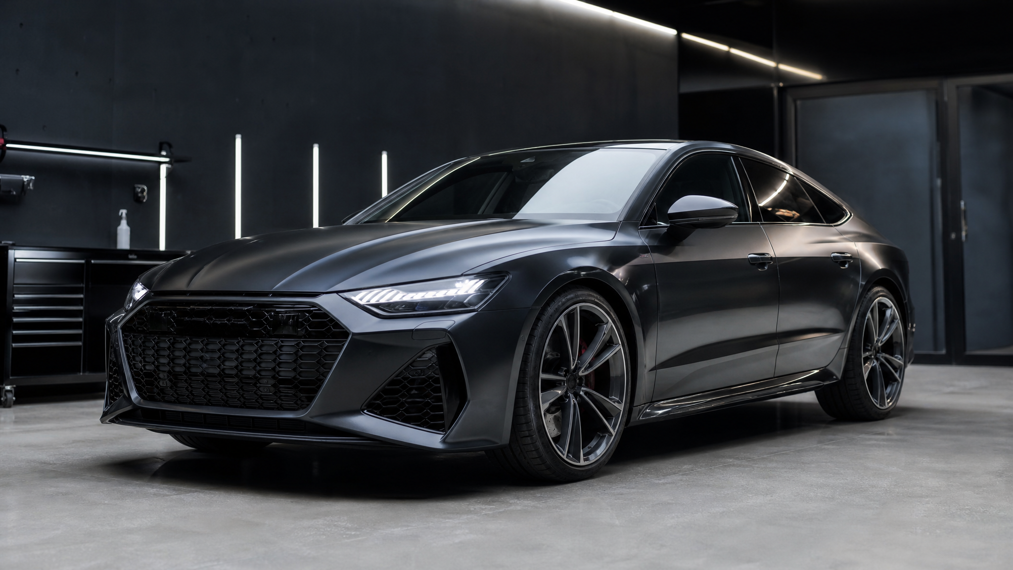 Full car glossy graphite vinyl wrap hero shot in a modern detailing studio