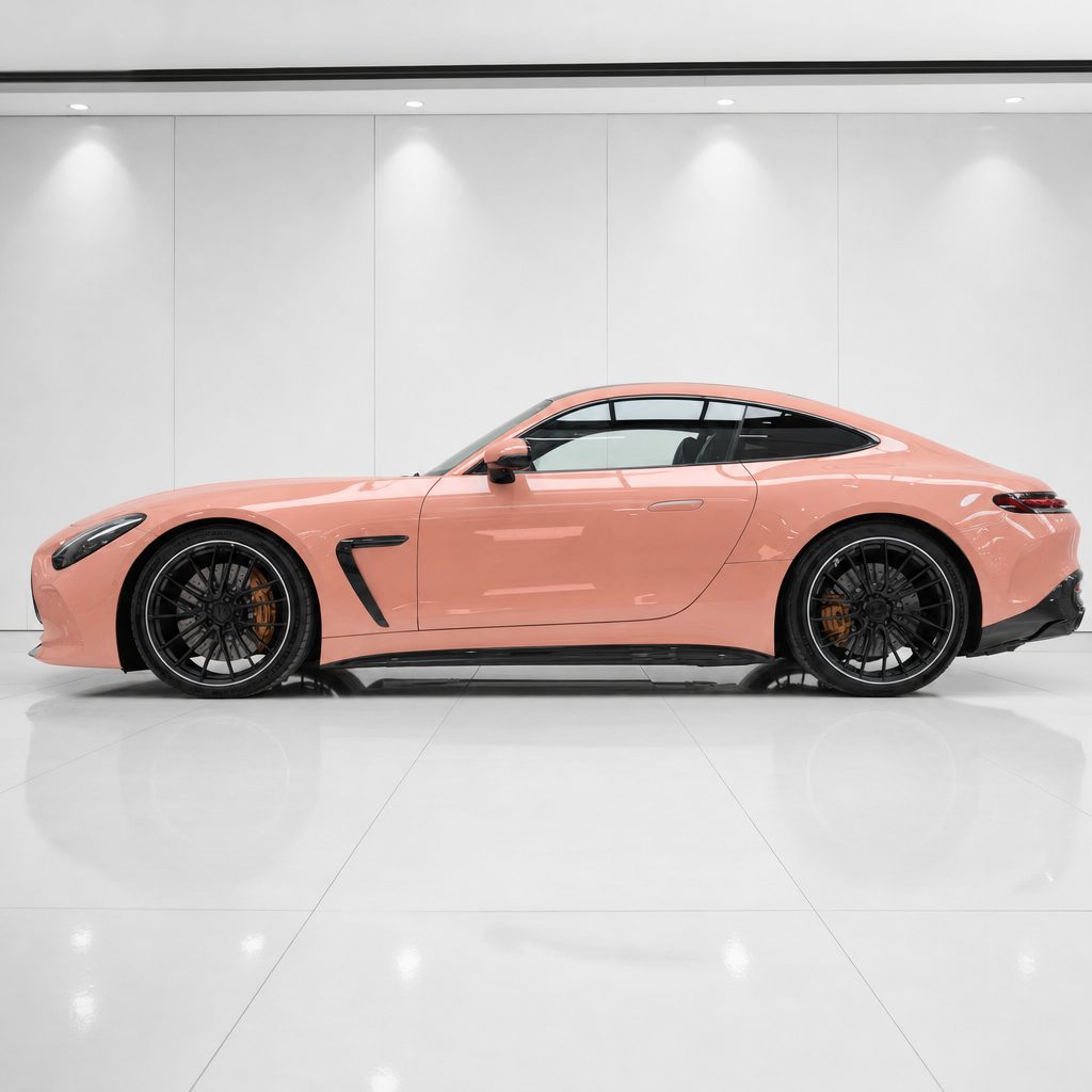 Carnation Pink gloss colored PPF wrapped on a Mercedes-AMG GT side profile | Veloro