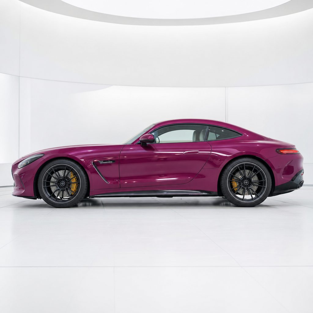 Brilliant Magenta gloss colored PPF wrapped on a Mercedes-AMG GT side profile | Veloro