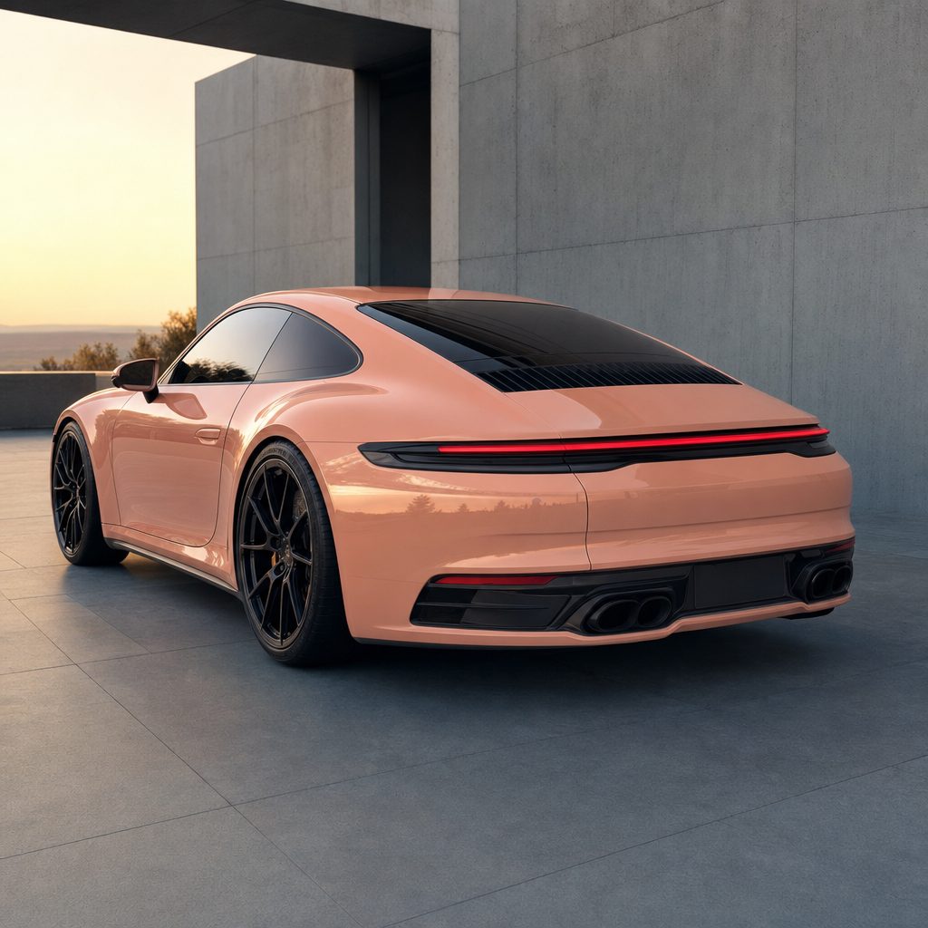 Luxury car wrapped in Carnation Pink gloss colored PPF at golden hour | Veloro