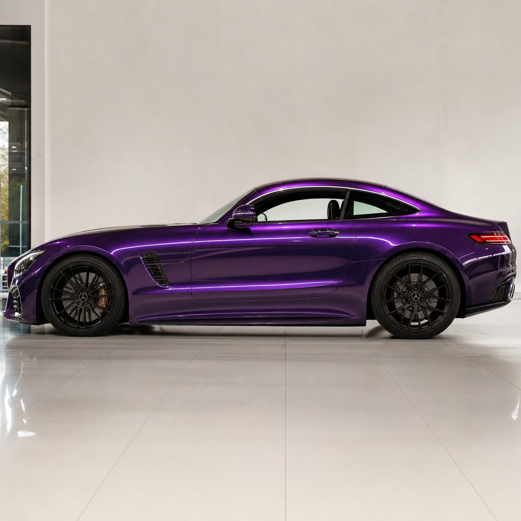 Bright Black Purple gloss colored PPF wrapped on a Mercedes-AMG GT side profile | Veloro