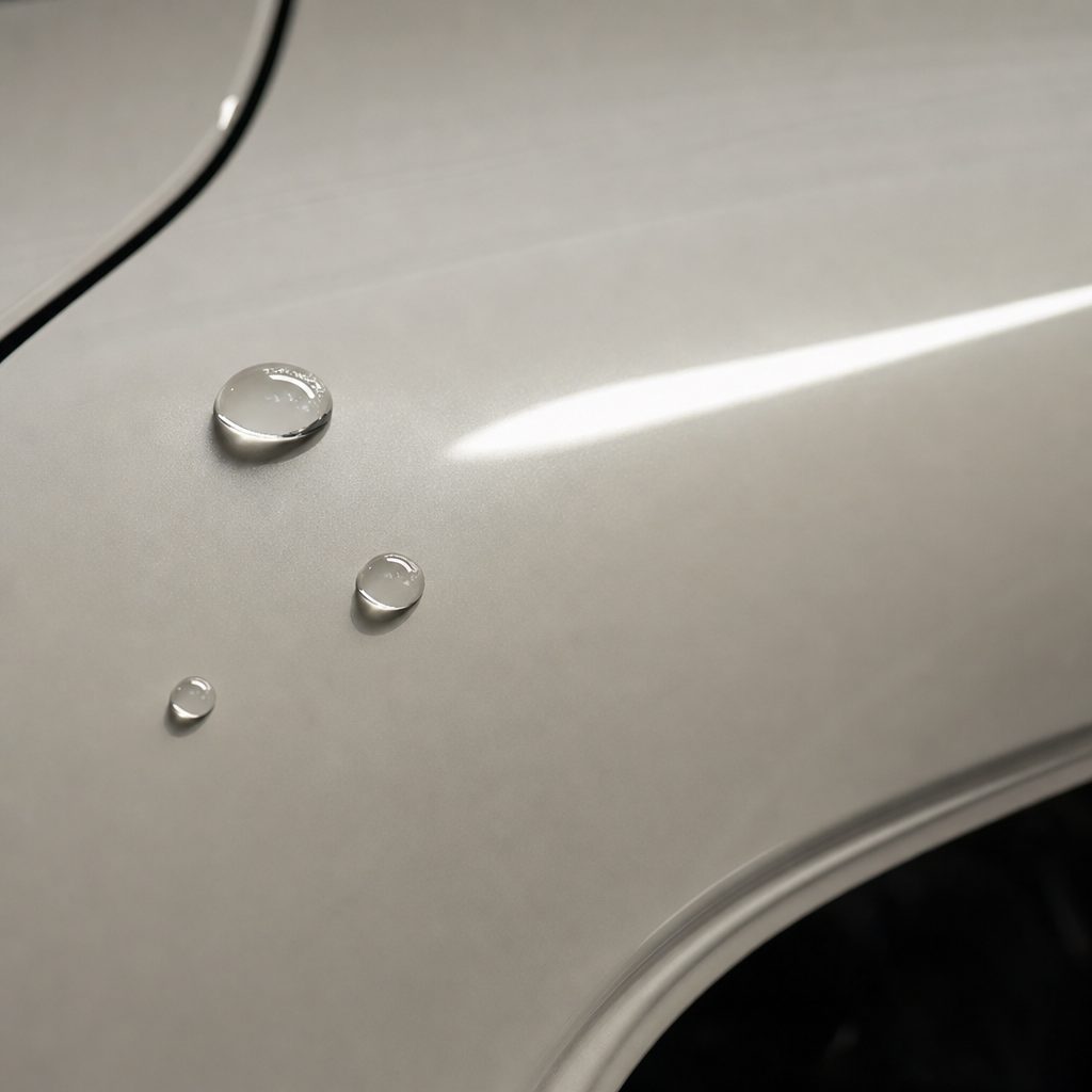 Close-up of Agate Grey gloss TPU colored PPF surface with hydrophobic water beads | Veloro
