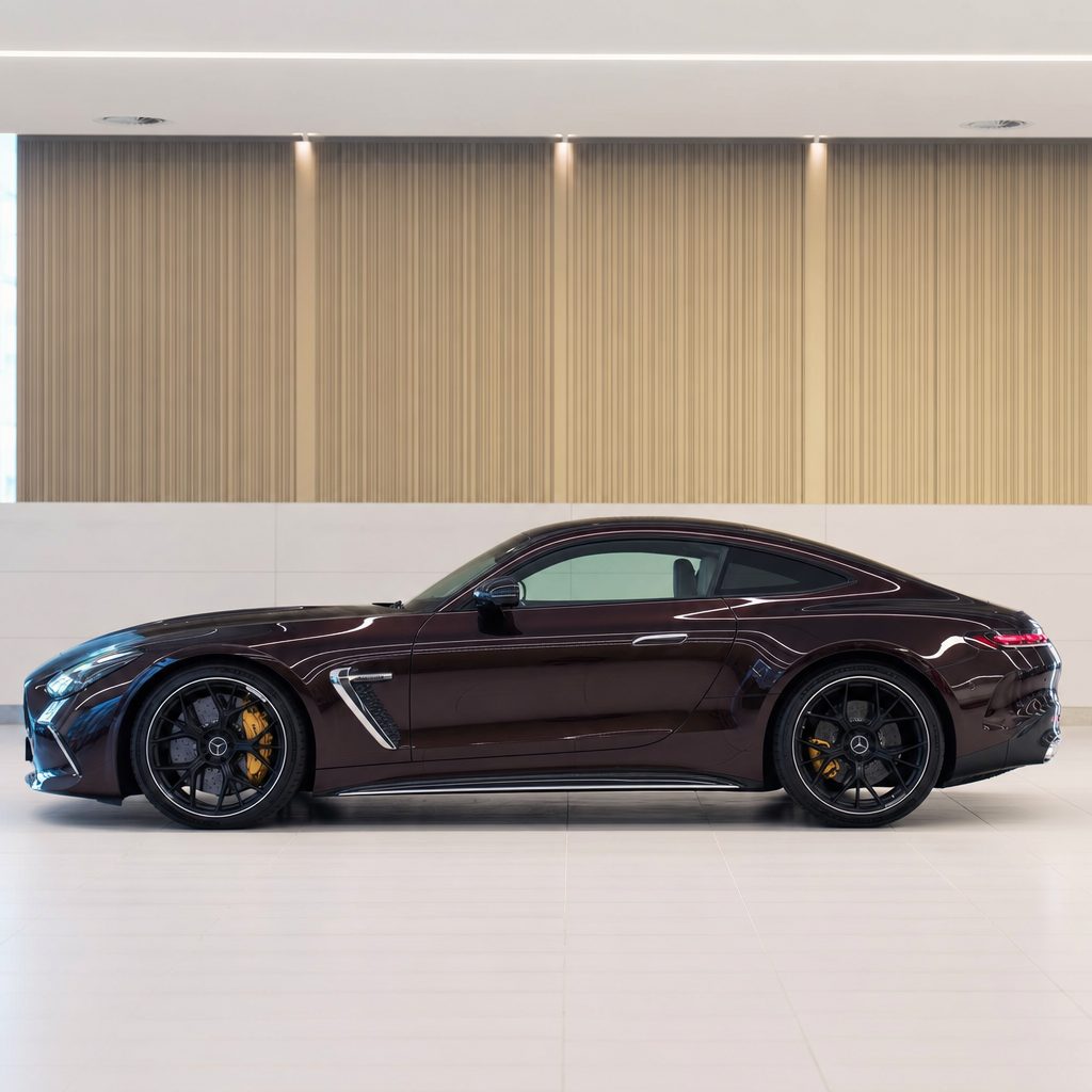 Brocade Red gloss colored PPF wrapped on a Mercedes-AMG GT side profile | Veloro