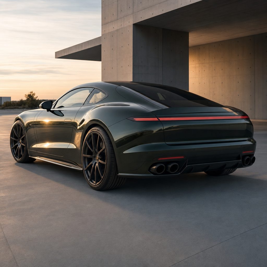 Luxury car wrapped in Black Olive Green colored PPF at golden hour | Veloro