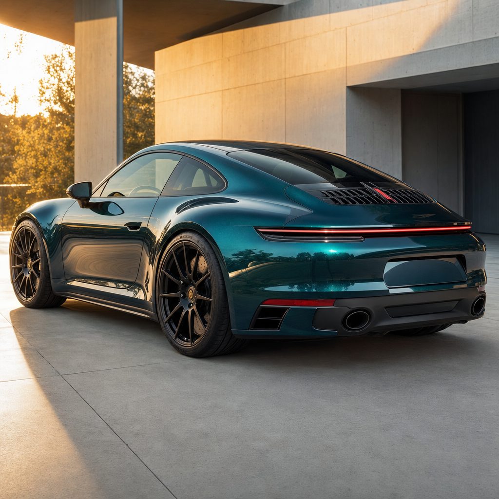 Luxury car wrapped in British Green gloss colored PPF at golden hour | Veloro