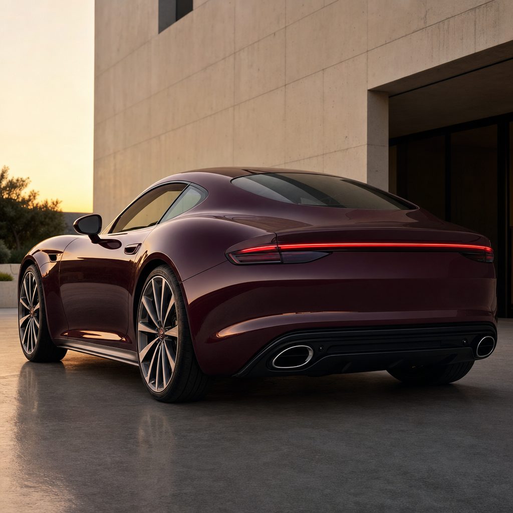 Luxury car wrapped in Burgundy Red Paint gloss colored PPF at golden hour | Veloro