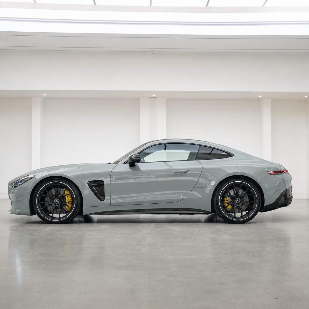 Arabian Grey gloss colored PPF wrapped on a Mercedes-AMG GT side profile | Veloro