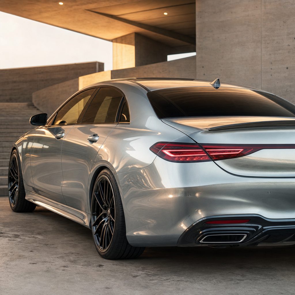 Luxury car wrapped in Carbon Fiber Liquid Metallic Aluminum Color PPF gloss colored PPF at golden hour | Veloro