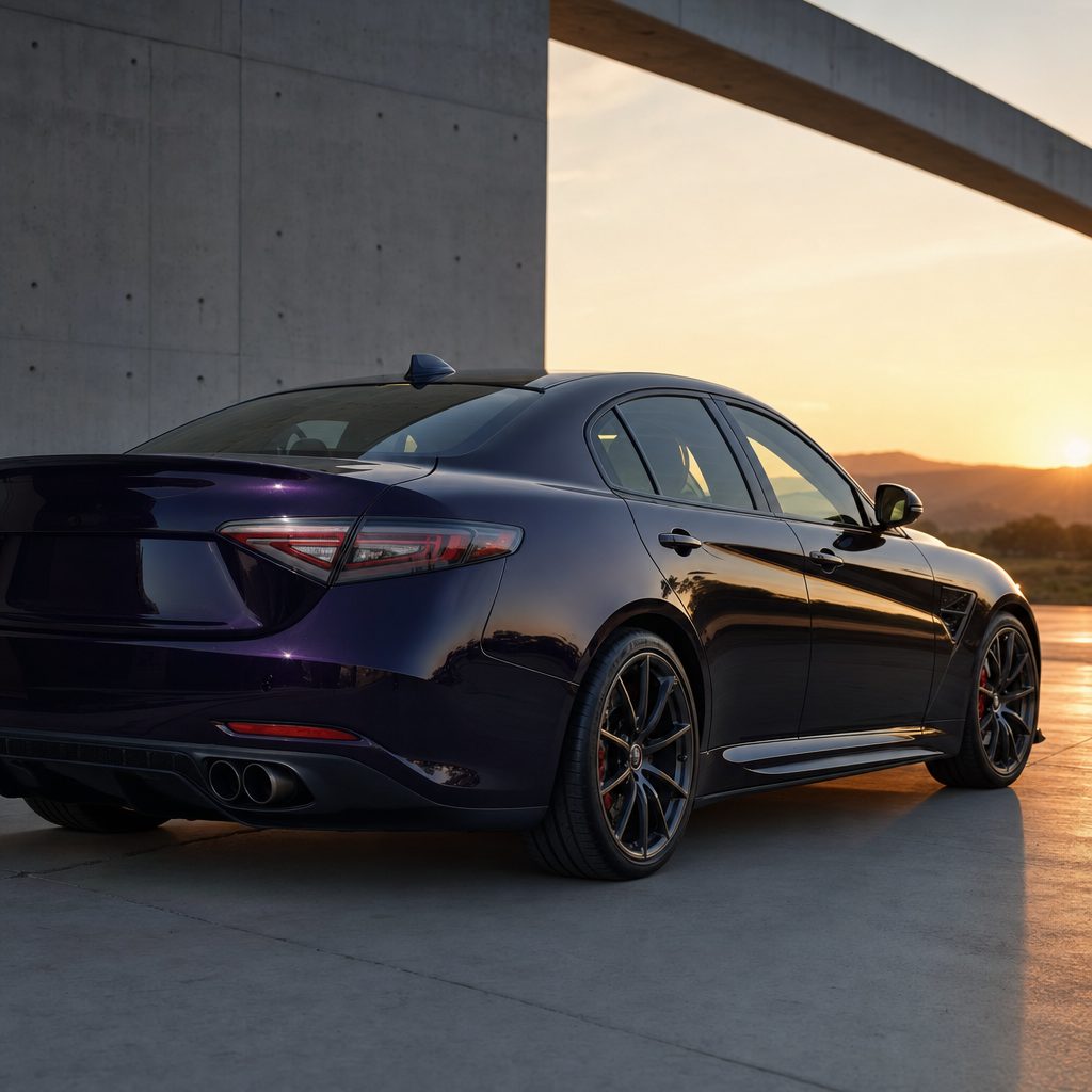 Luxury car wrapped in Amethyst Purple colored PPF at golden hour | Veloro