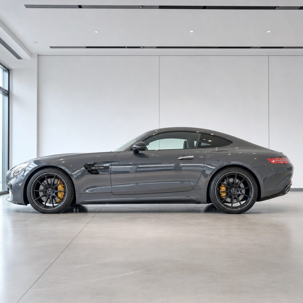 Bright Dark Gray gloss colored PPF wrapped on a Mercedes-AMG GT side profile | Veloro
