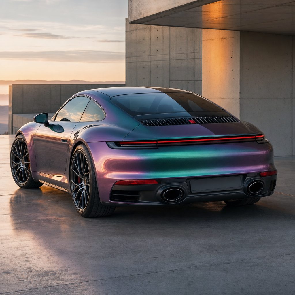 Luxury car wrapped in Chameleon Grass Green Red gloss colored PPF at golden hour | Veloro