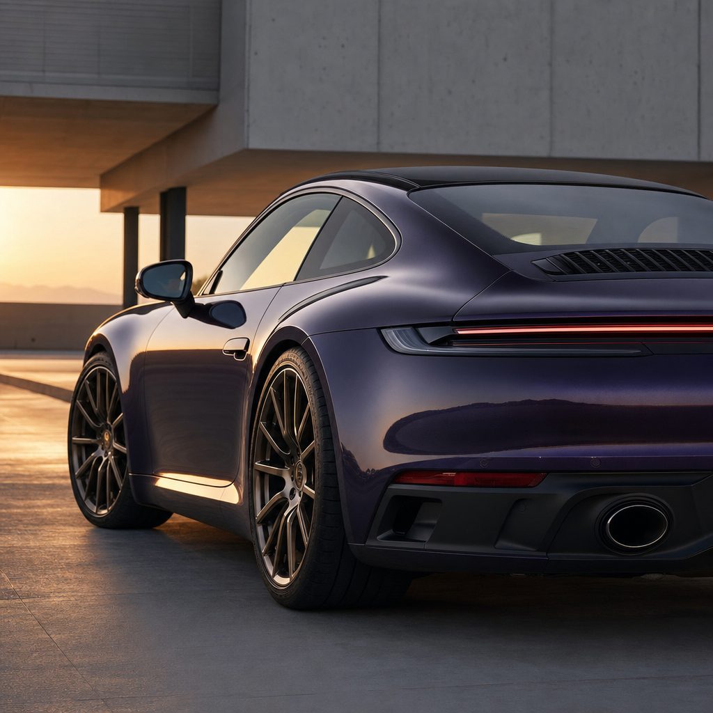 Luxury car wrapped in Charcoal Blue gloss colored PPF at golden hour | Veloro