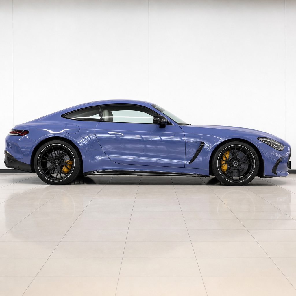 Bright Manta Purple gloss colored PPF wrapped on a Mercedes-AMG GT side profile | Veloro