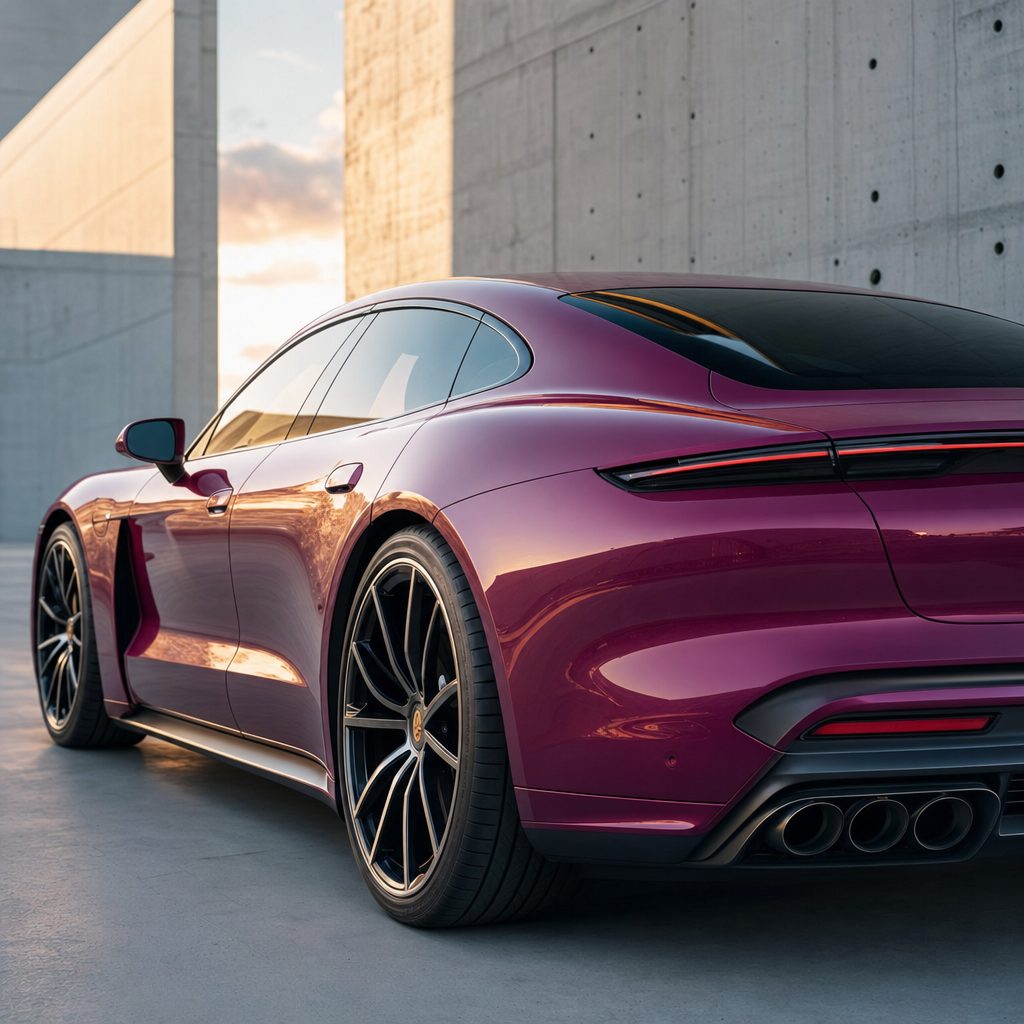 Luxury car wrapped in Brilliant Magenta gloss colored PPF at golden hour | Veloro