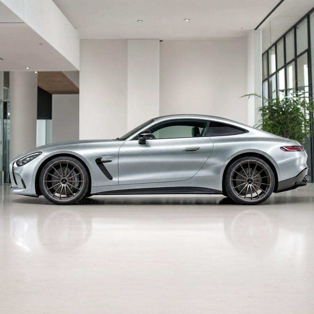 Carbon Fiber Liquid Metallic Aluminum Color PPF gloss colored PPF wrapped on a Mercedes-AMG GT side profile | Veloro