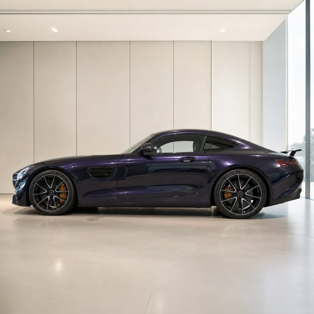 Charcoal Blue gloss colored PPF wrapped on a Mercedes-AMG GT side profile | Veloro