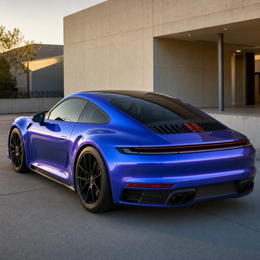 Luxury car wrapped in Chameleon Blue Purple gloss colored PPF at golden hour | Veloro