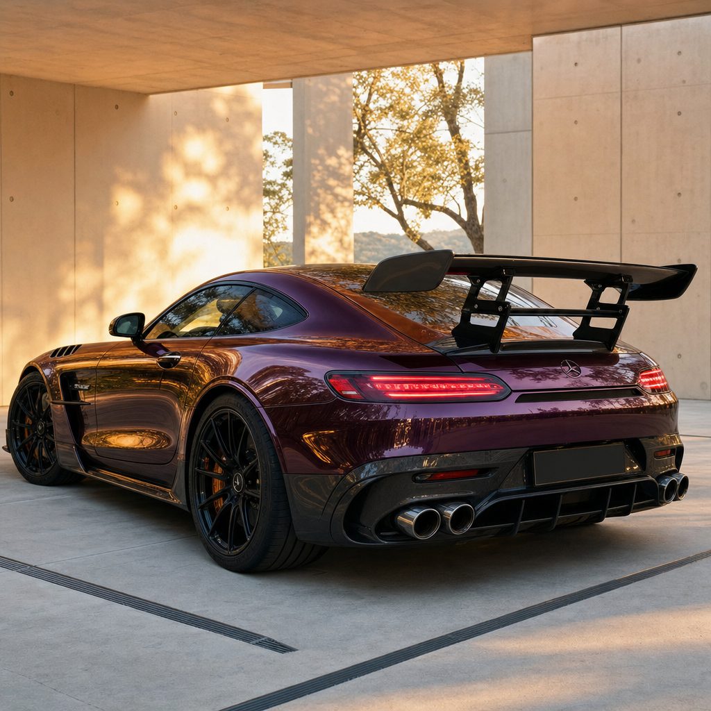 Luxury car wrapped in Chameleon Color Shift Black Red gloss colored PPF at golden hour | Veloro