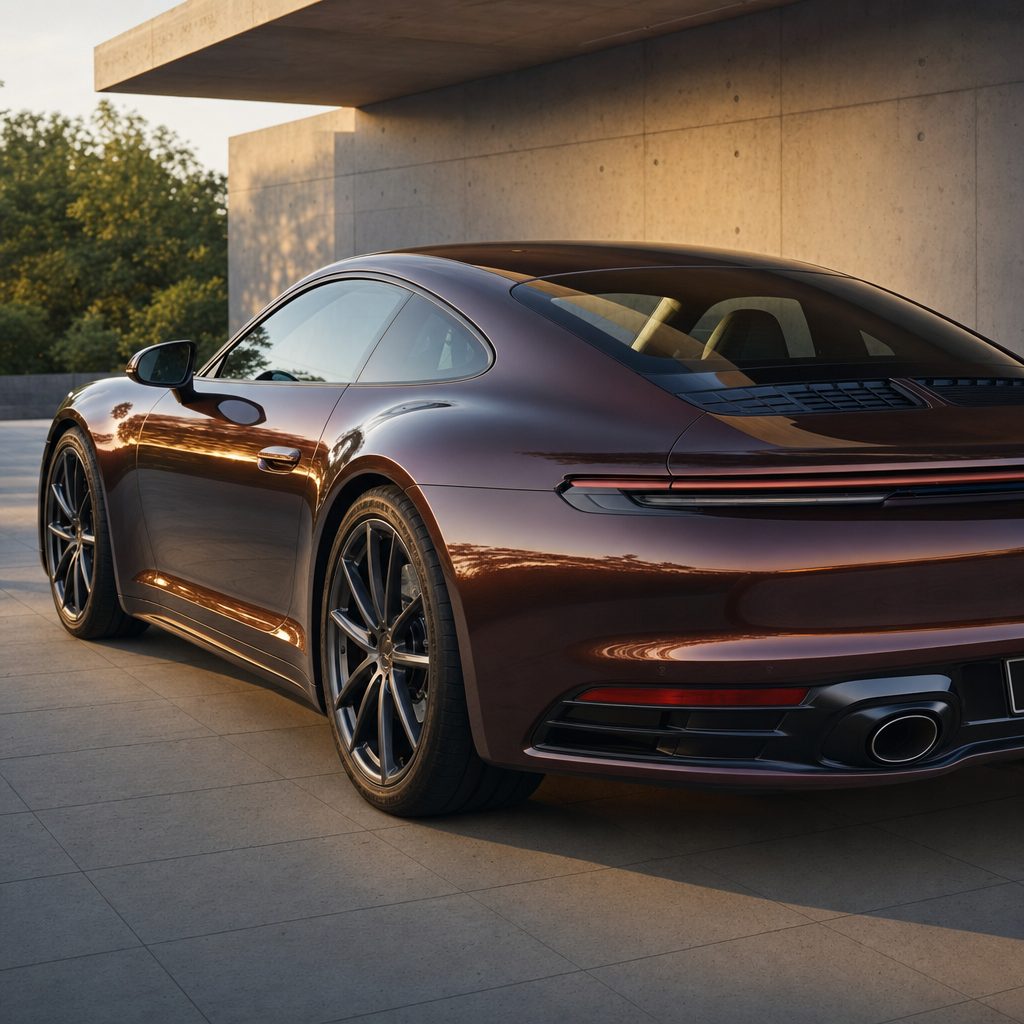Luxury car wrapped in Brocade Red gloss colored PPF at golden hour | Veloro