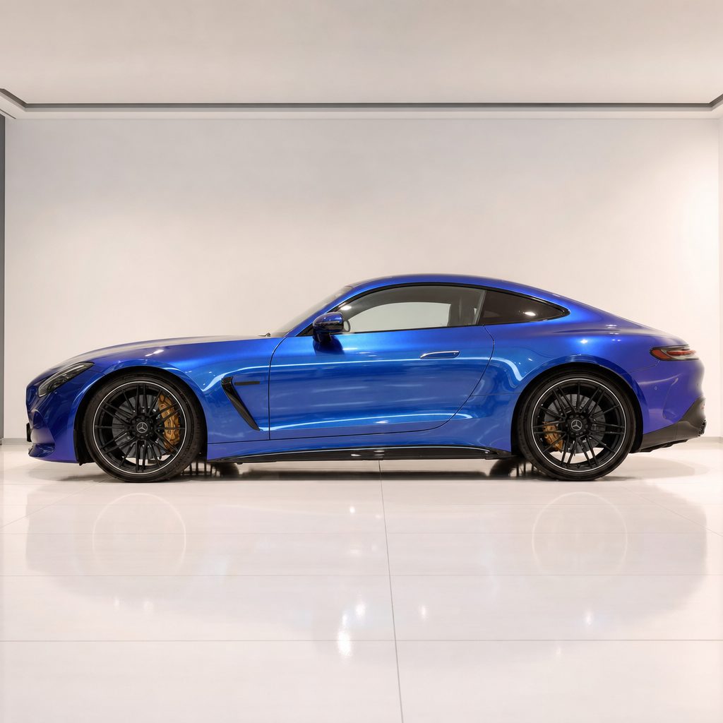 Chameleon Blue Purple gloss colored PPF wrapped on a Mercedes-AMG GT side profile | Veloro