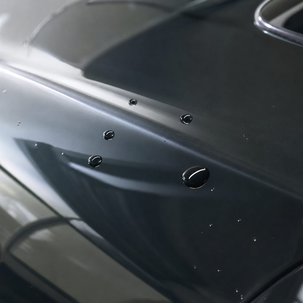 Close-up of Black Olive Green gloss TPU colored PPF surface with hydrophobic water beads | Veloro