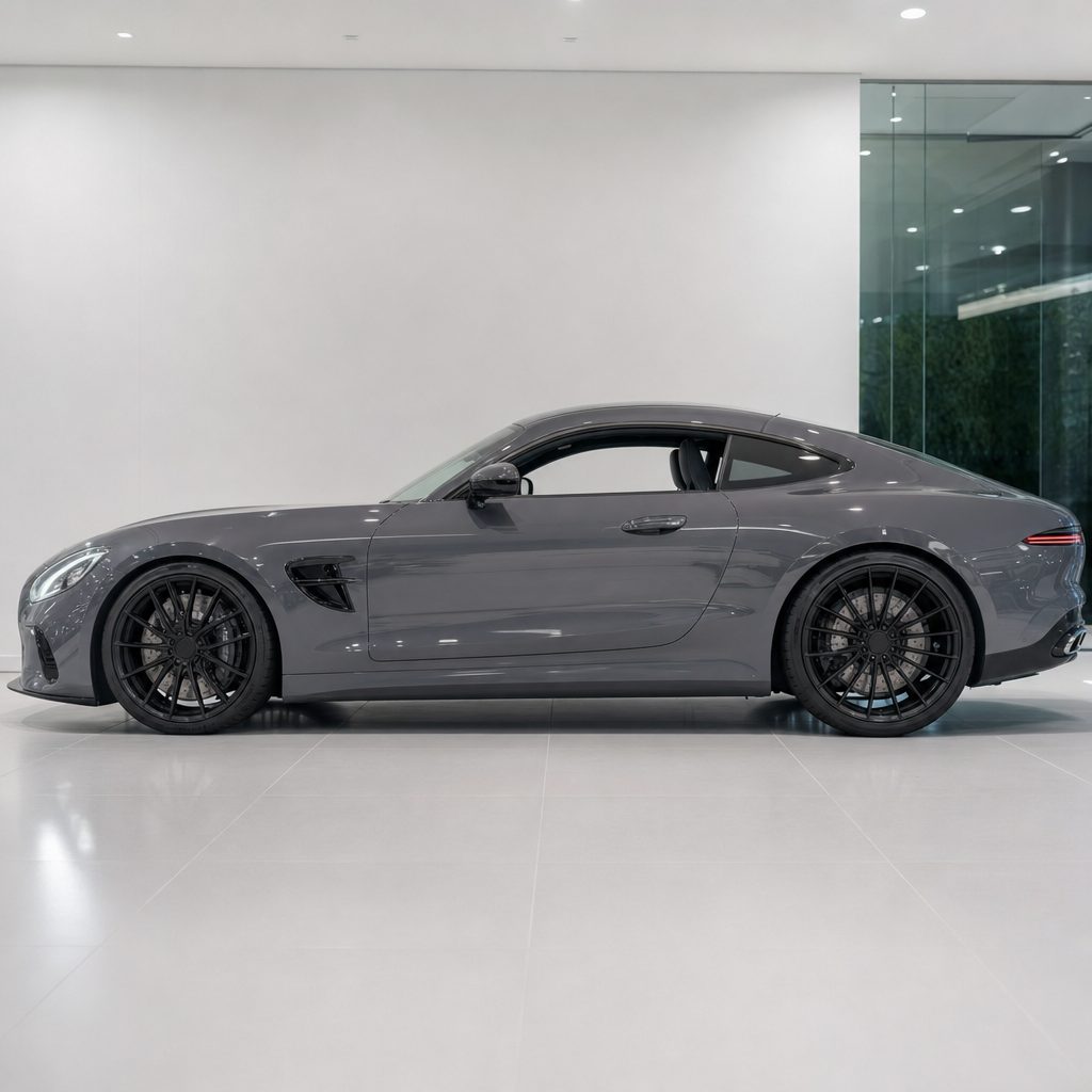 Battleship Gray gloss colored PPF wrapped on a Mercedes-AMG GT side profile | Veloro