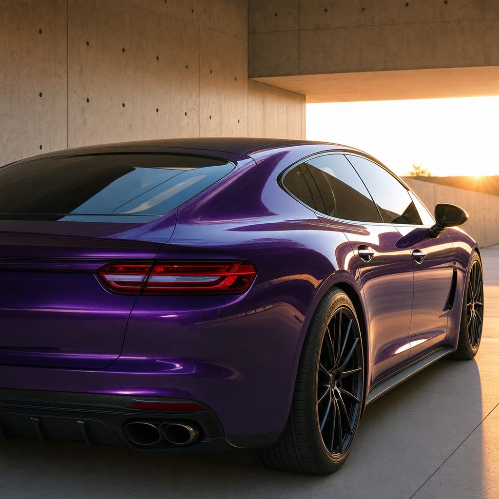Luxury car wrapped in Bright Black Purple gloss colored PPF at golden hour | Veloro