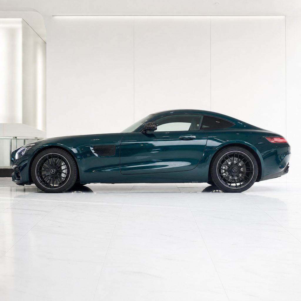 British Green gloss colored PPF wrapped on a Mercedes-AMG GT side profile | Veloro