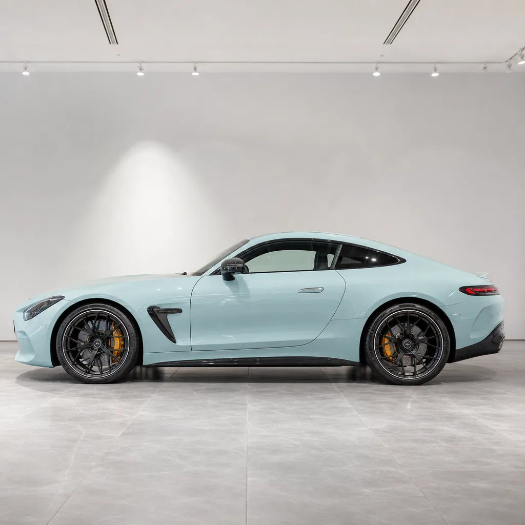 Light Blue gloss colored PPF wrapped on a Mercedes-AMG GT side profile | Veloro
