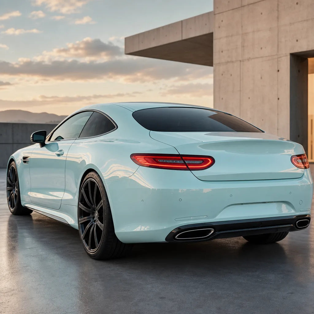 Luxury car wrapped in Light Blue gloss colored PPF at golden hour | Veloro