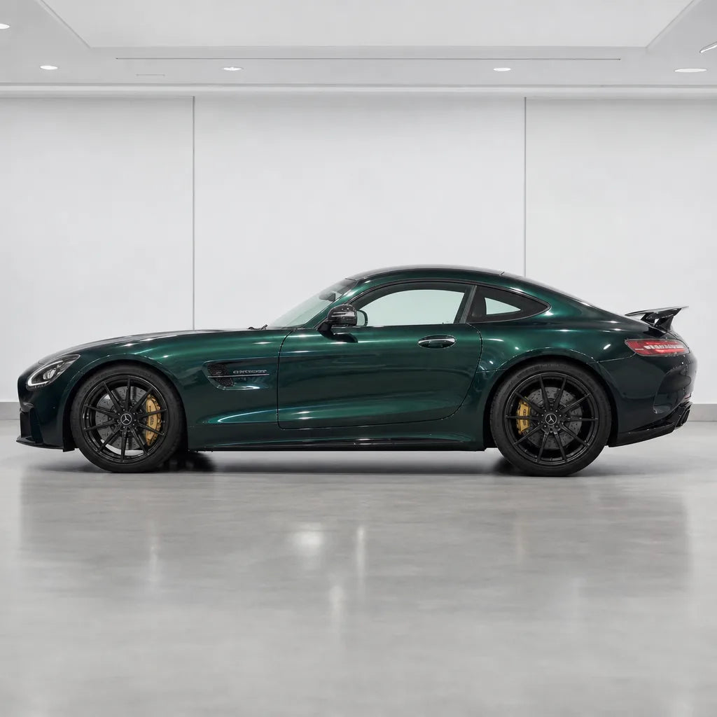 Metallic British Royal Green gloss colored PPF wrapped on a Mercedes-AMG GT side profile | Veloro