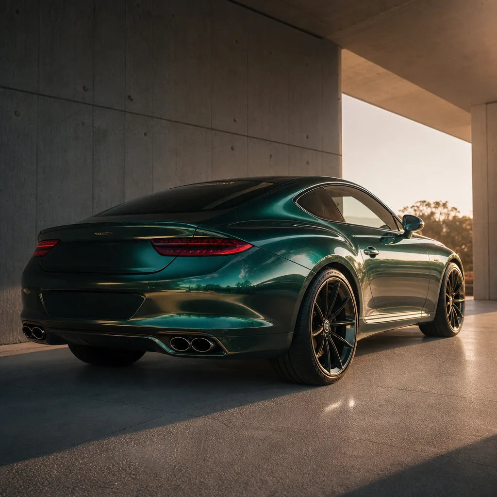 Luxury car wrapped in Metallic British Royal Green gloss colored PPF at golden hour | Veloro