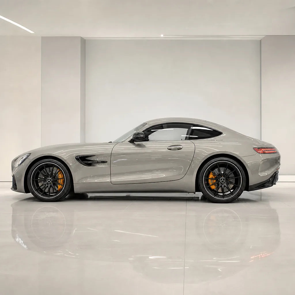 Metallic Martin Silver Grey gloss colored PPF wrapped on a Mercedes-AMG GT side profile | Veloro