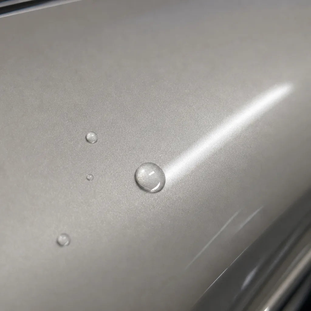 Close-up of Metallic Martin Silver Grey gloss colored PPF surface texture | Veloro