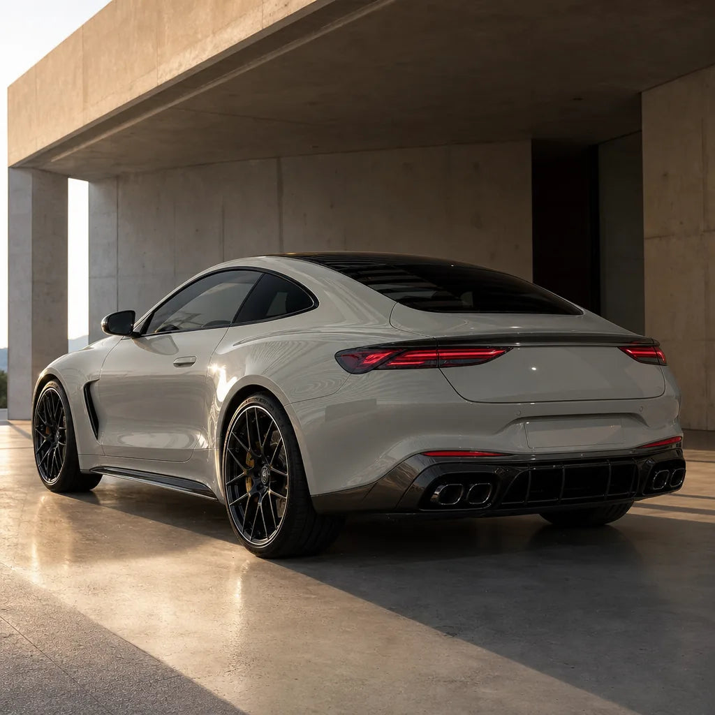 Luxury car wrapped in Metallic Martin Silver Grey gloss colored PPF at golden hour | Veloro