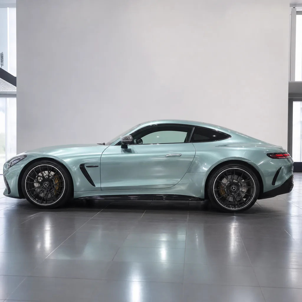 Metallic Somato Blue gloss colored PPF wrapped on a Mercedes-AMG GT side profile | Veloro