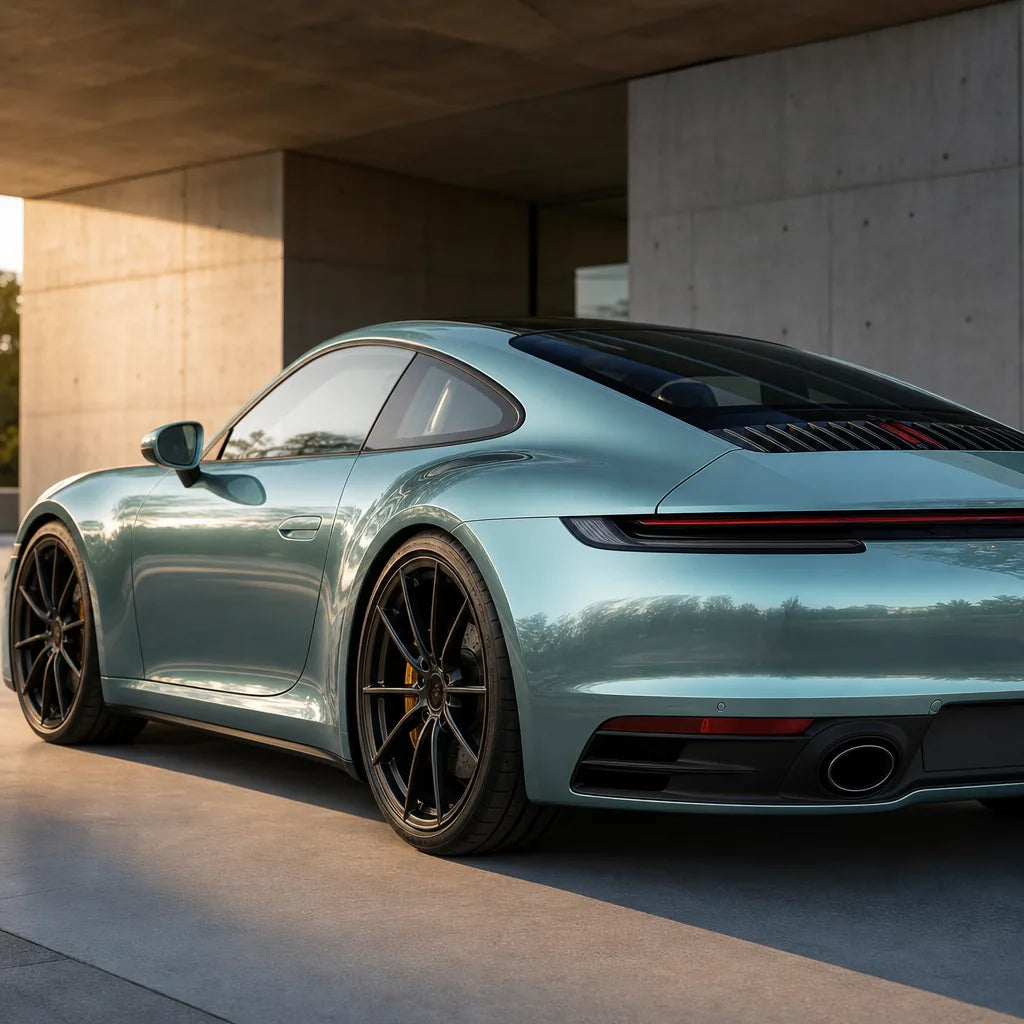 Luxury car wrapped in Metallic Somato Blue gloss colored PPF at golden hour | Veloro