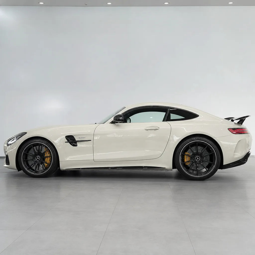 Metallic Sparkle Glitter White gloss colored PPF wrapped on a Mercedes-AMG GT side profile | Veloro