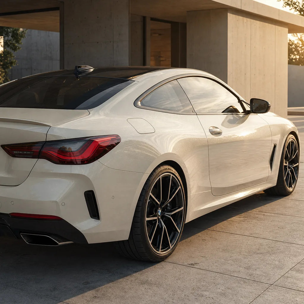 Luxury car wrapped in Metallic Sparkle Glitter White gloss colored PPF at golden hour | Veloro