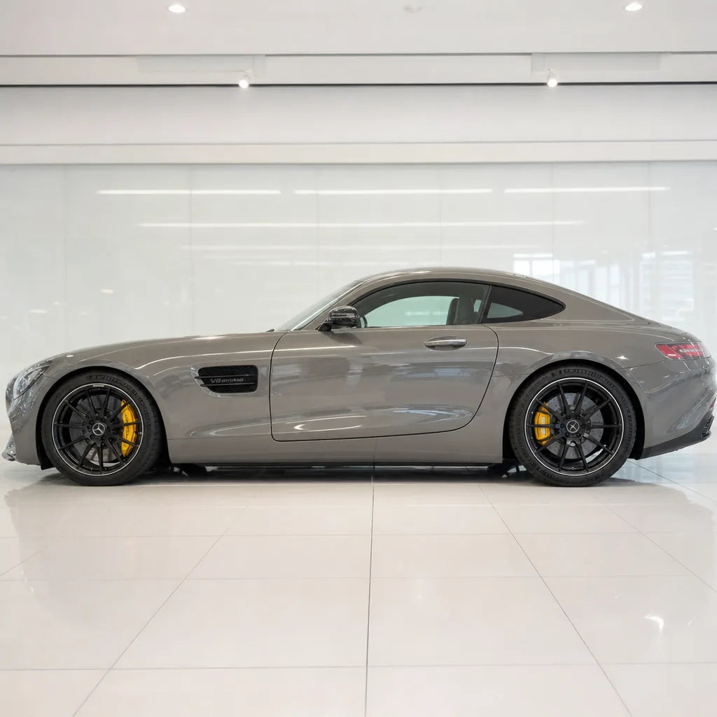 Self Healing Nardo Gray PPF gloss colored PPF wrapped on a Mercedes-AMG GT side profile | Veloro