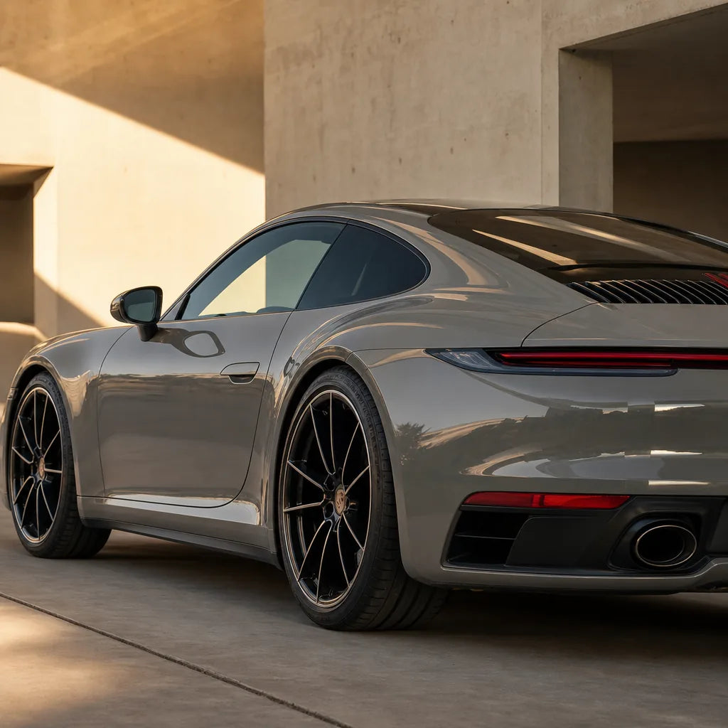 Luxury car wrapped in Self Healing Nardo Gray PPF gloss colored PPF at golden hour | Veloro