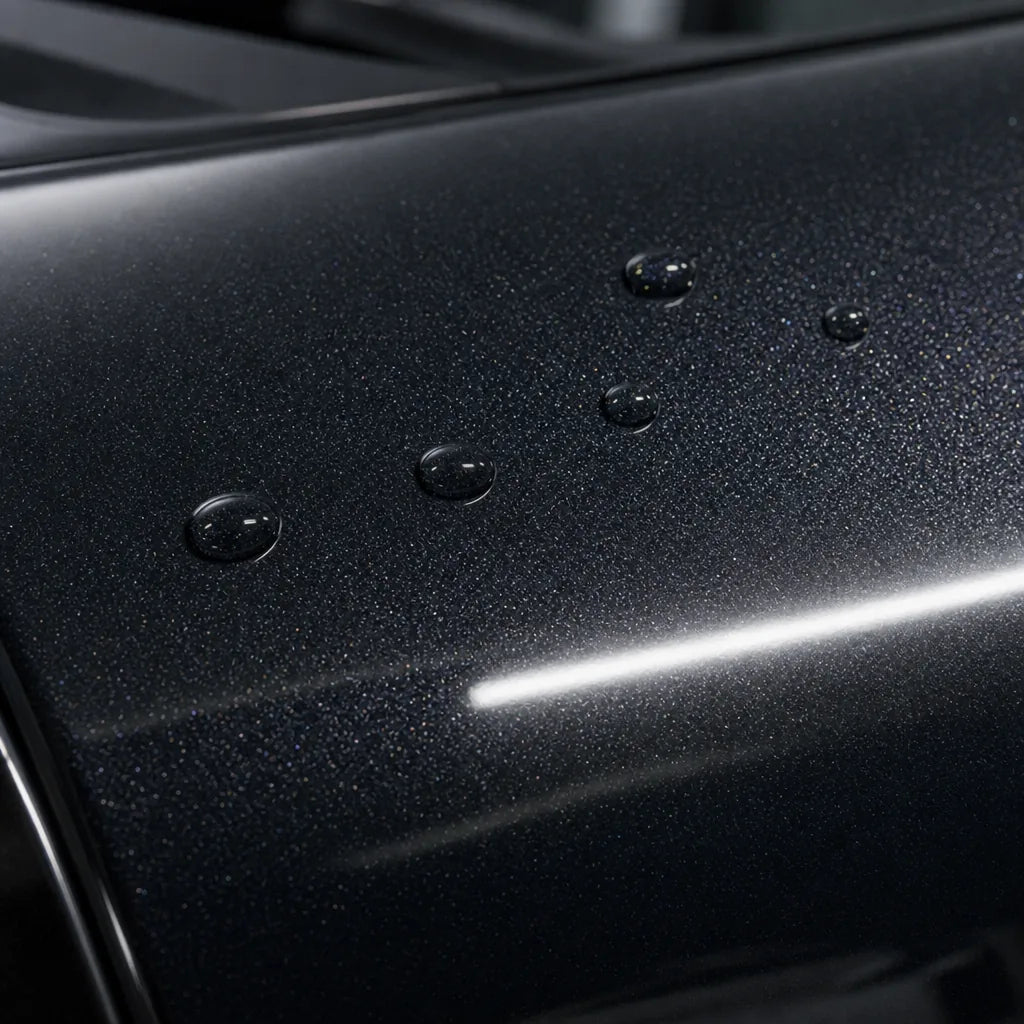 Close-up of Metallic Sparkle Glitter Black gloss colored PPF surface texture | Veloro