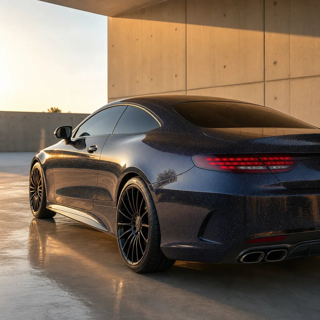 Luxury car wrapped in Metallic Sparkle Glitter Black gloss colored PPF at golden hour | Veloro