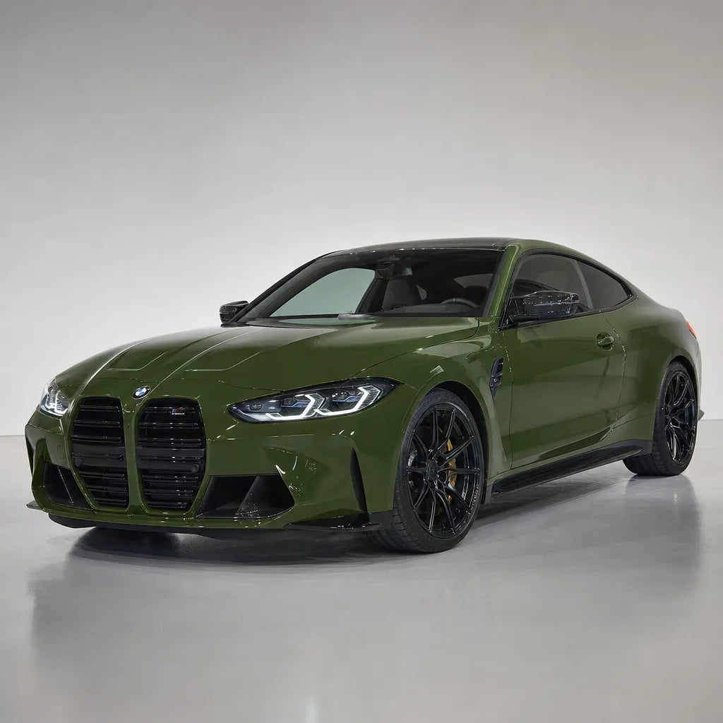 Crystal Army Green gloss colored PPF wrapped on a BMW M4 | Veloro