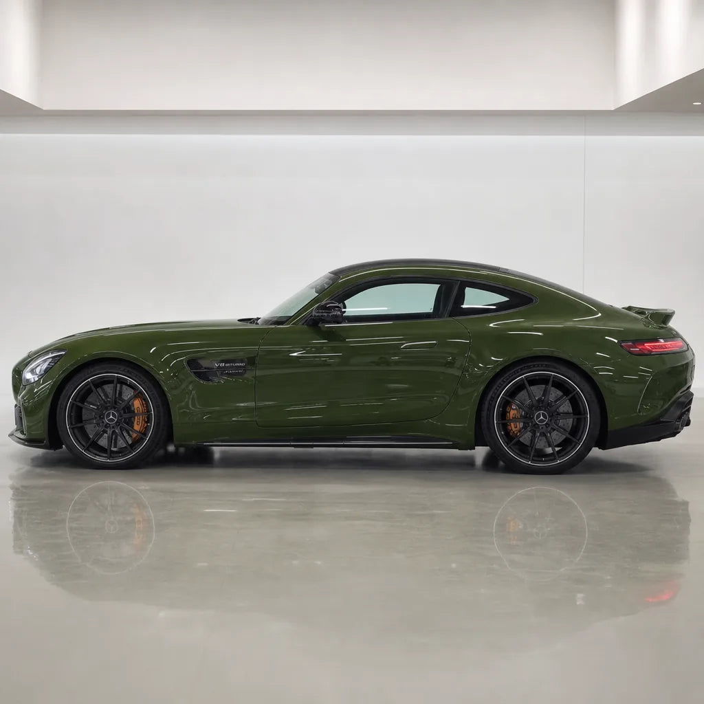 Crystal Army Green gloss colored PPF wrapped on a Mercedes-AMG GT side profile | Veloro